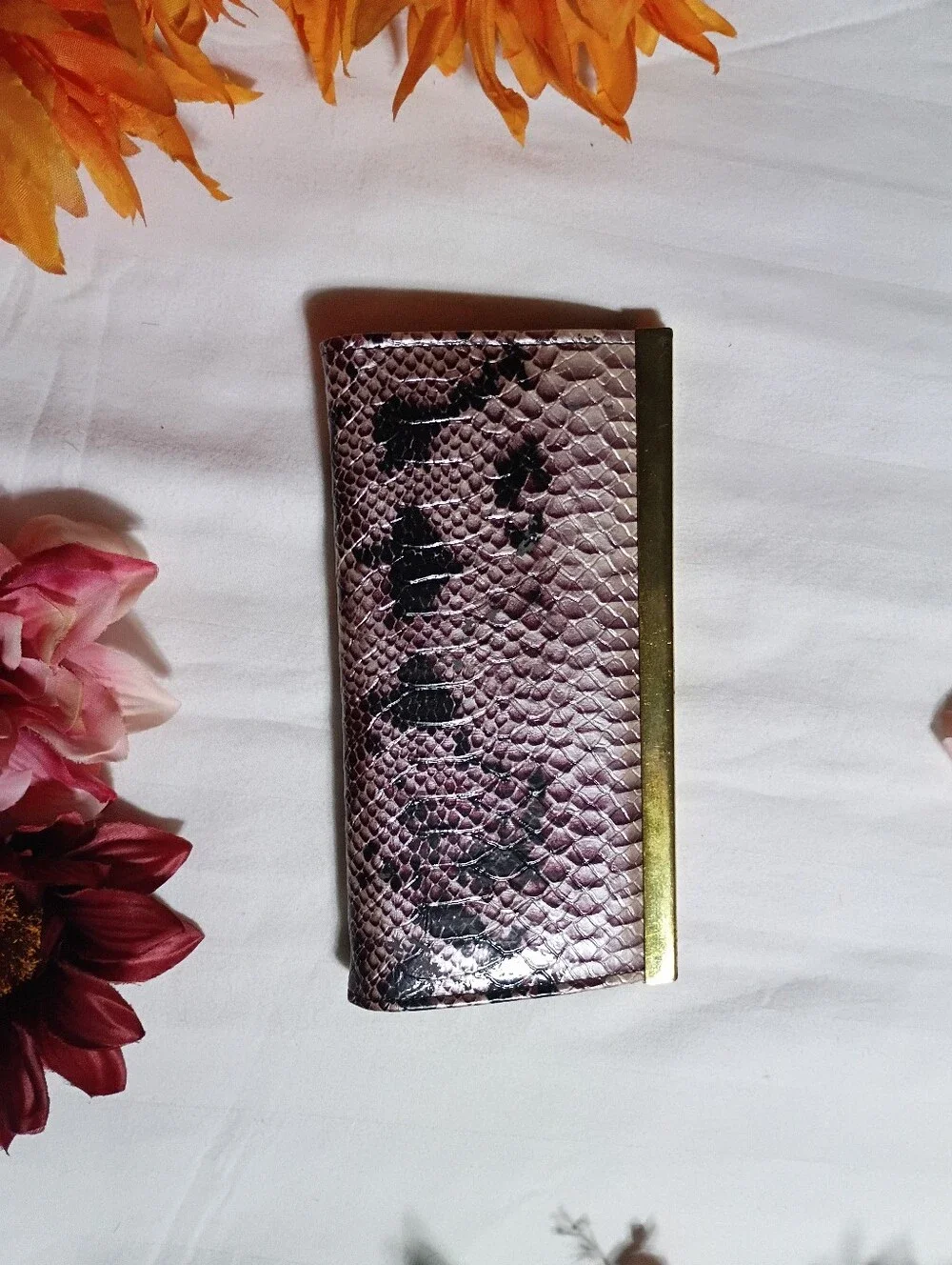 Purple Snake-Embossed Long Wallet with Gold Trim